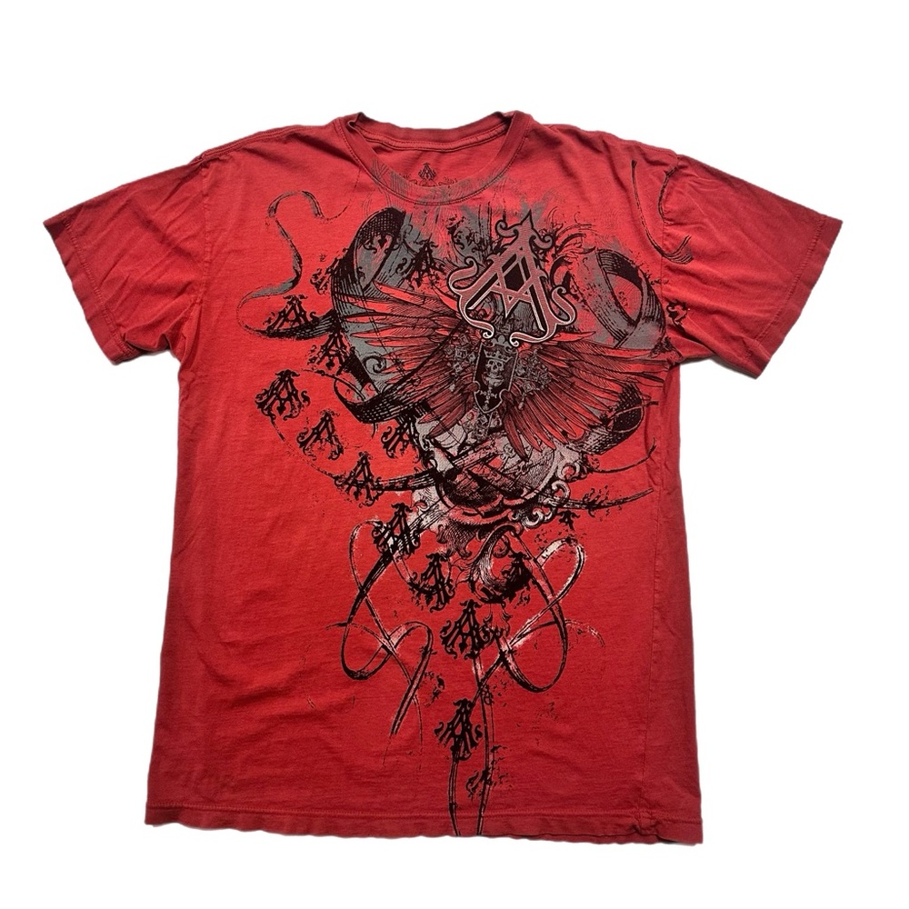 VTG Archaic Affliction T Shirt Men Sz L Red Black Skull Graphic Grunge Tee